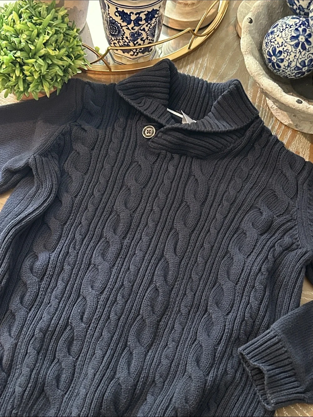 Gymboree Boys Navy Blue Cable Knit Cowl Shawl Neck Sweater